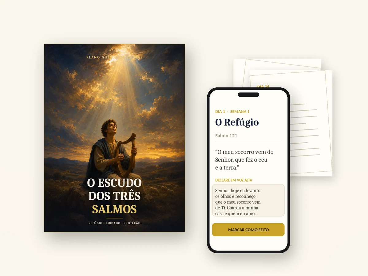 O guia do Escudo dos Três Salmos: capa e o Dia 1 aberto no celular